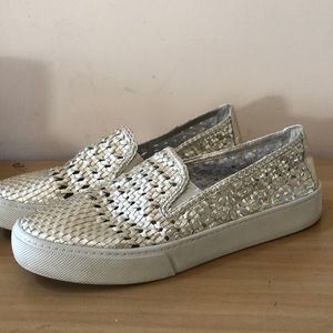 Marc Fisher metallic gold slipon woven sneakers